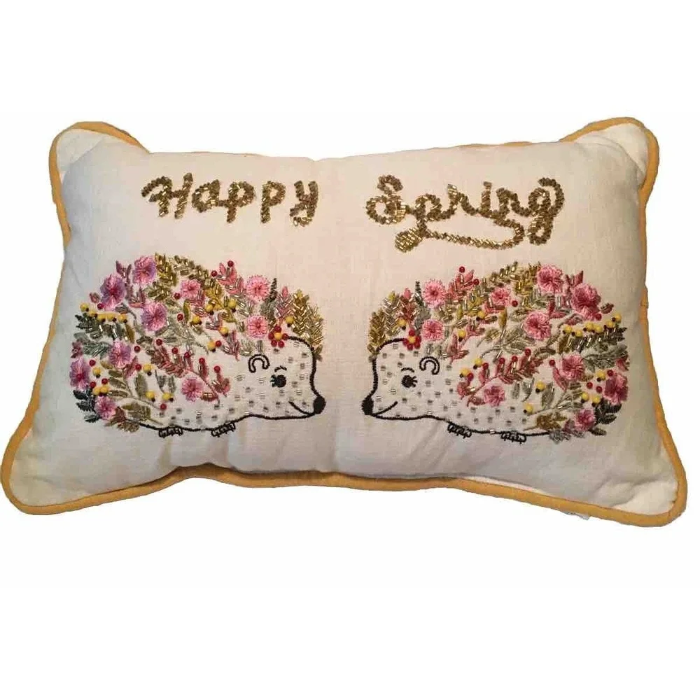 Happy Spring Beaded Floral Pillow Throw Decorative Garden Hedge Hogs